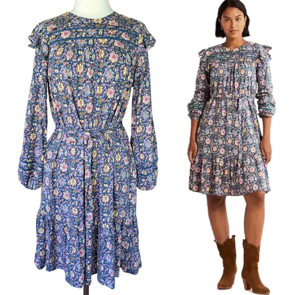 Boden Blue Floral Trim Detail Ruffle Jersey Dress Size 8 L Belted Long Sleeve